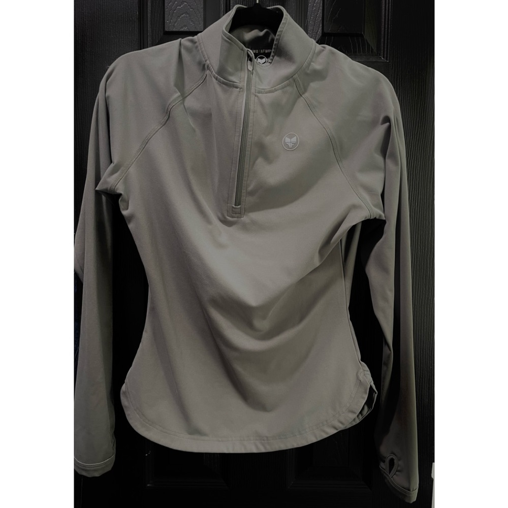 Small Muted Olive Alpha Forward Lifestyle quarter zip with thumb holes.